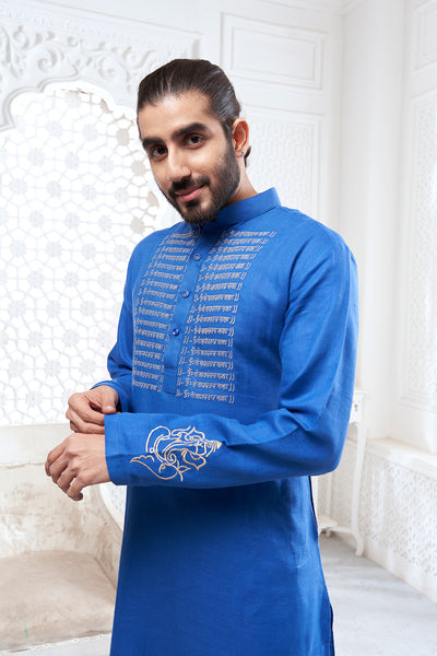 Dark Blue Scripture Embroidery Kurta