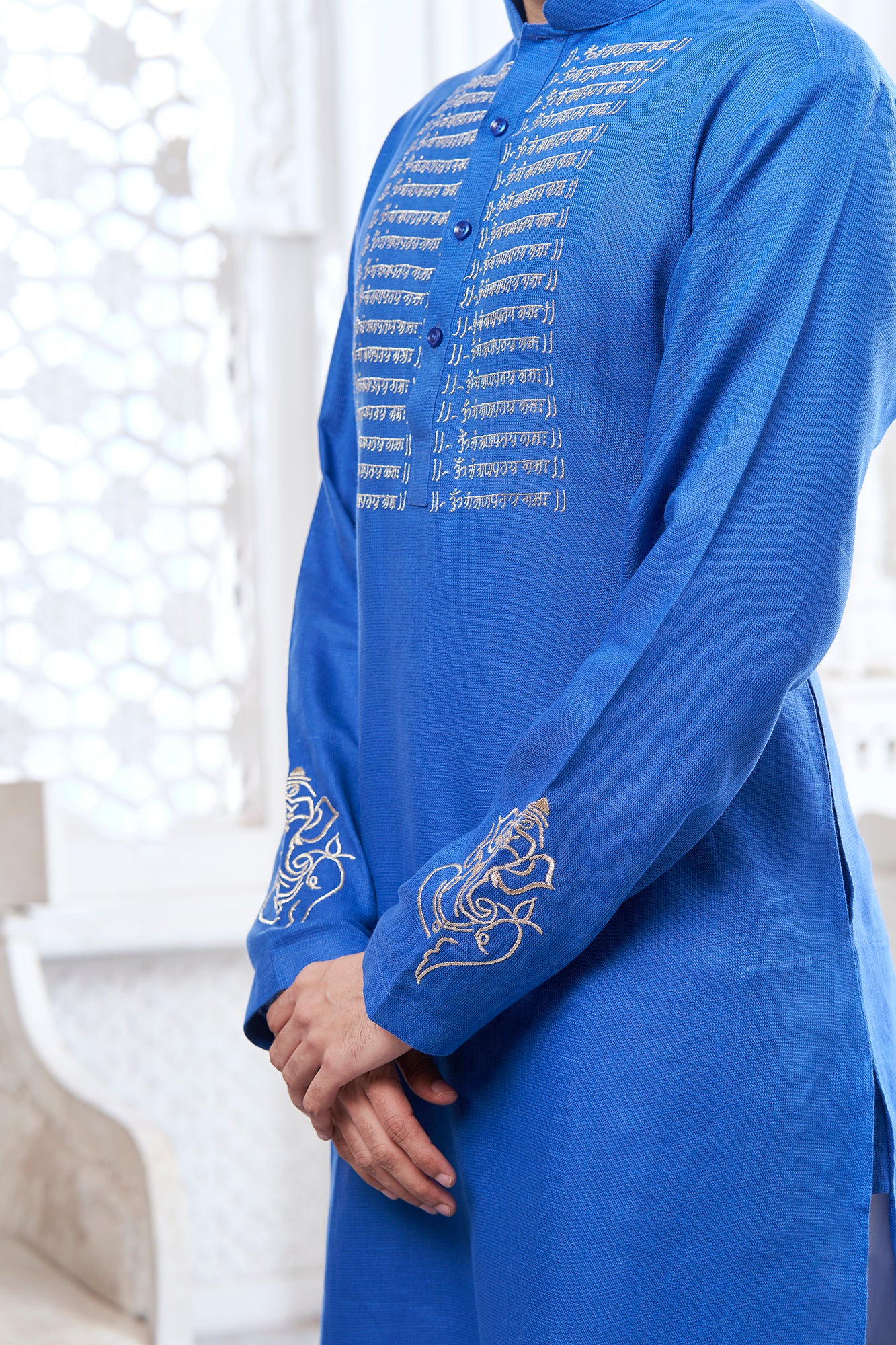 Dark Blue Scripture Embroidery Kurta