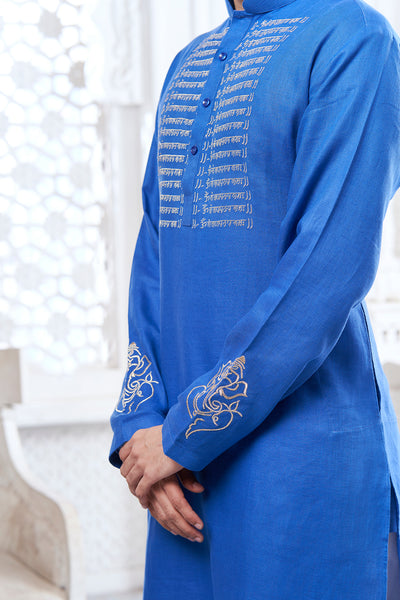 Dark Blue Scripture Embroidery Kurta