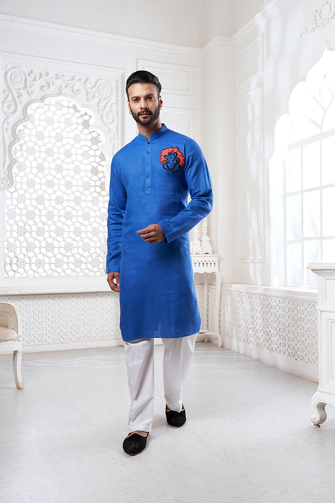 Proud Dark Blue Ganesha Embroidery Kurta