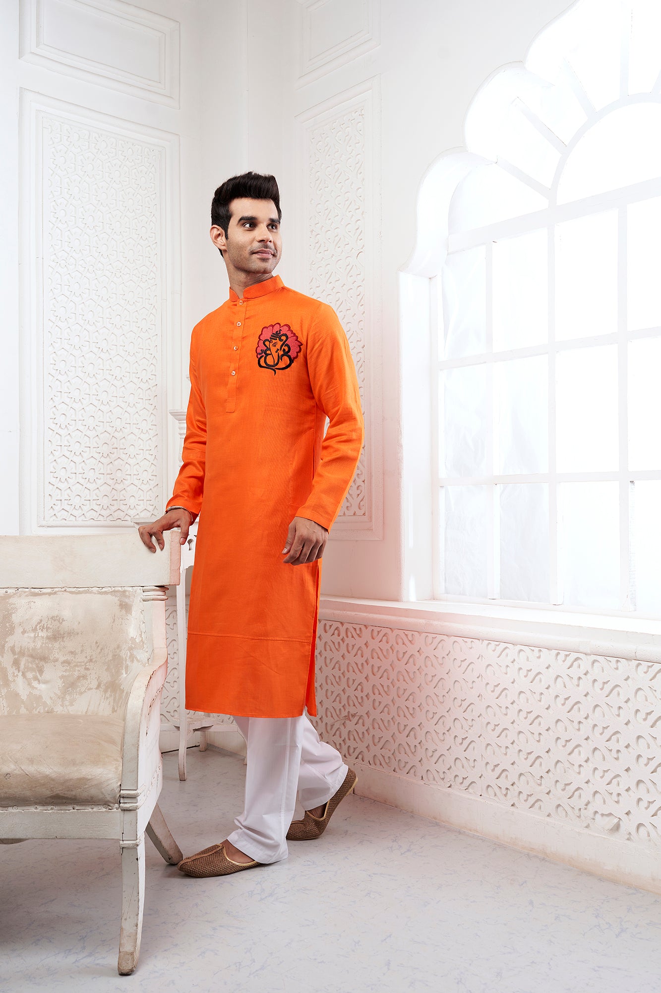 Proud Orange Ganesha Embroidery Kurta