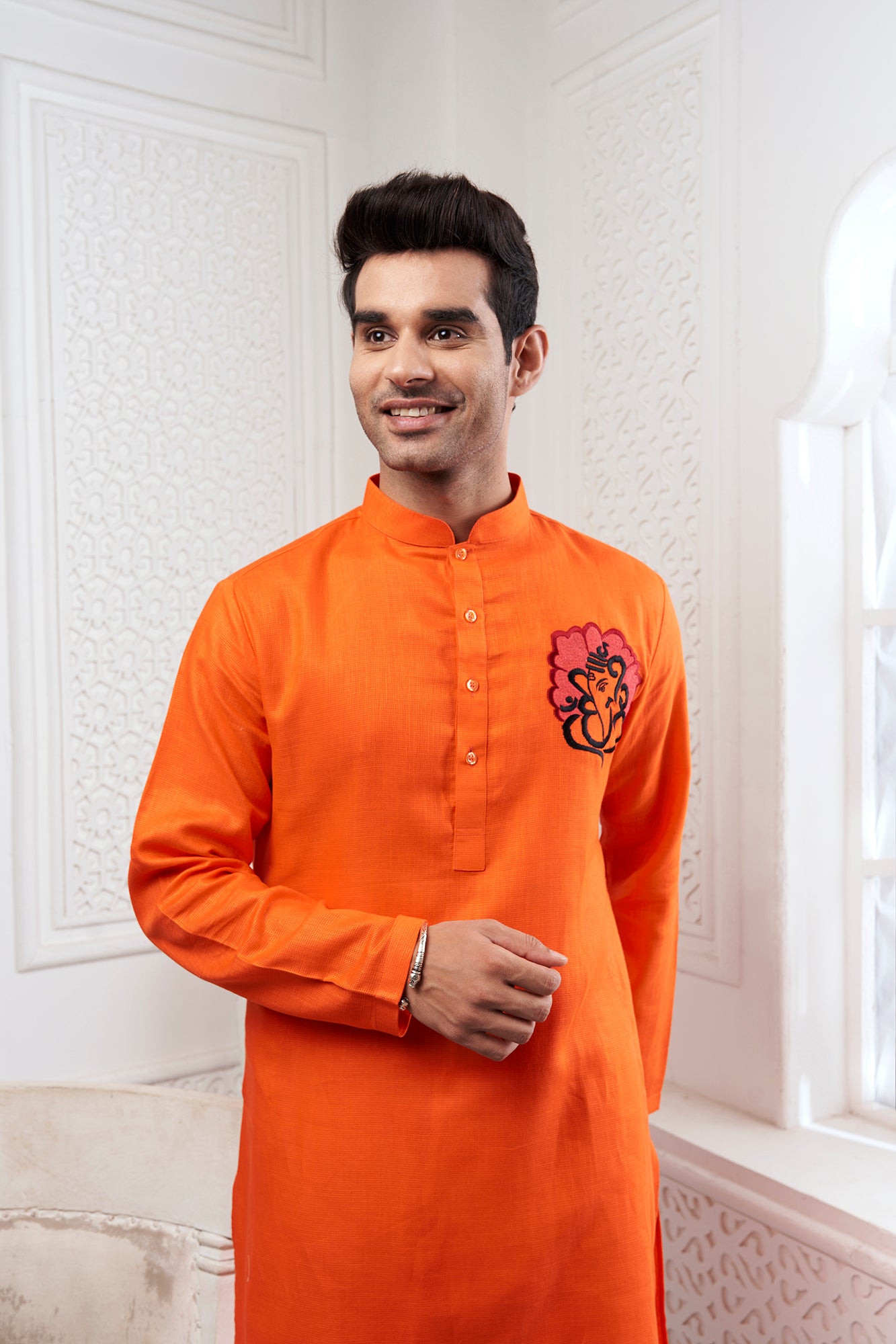 Proud Orange Ganesha Embroidery Kurta