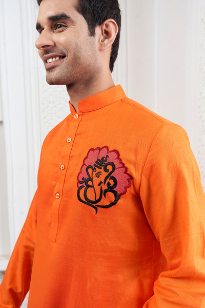 Proud Orange Ganesha Embroidery Kurta