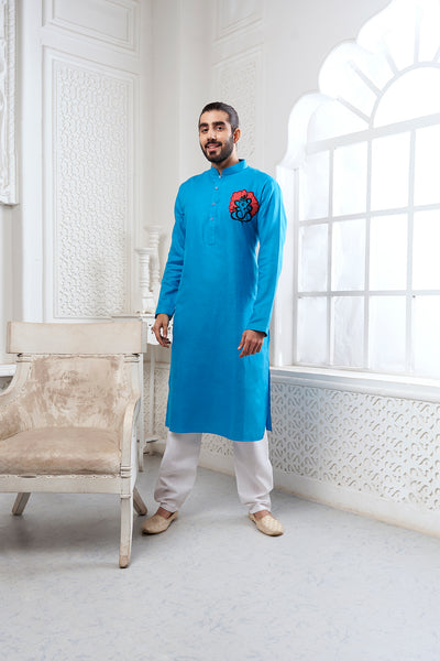 Proud Light Blue Ganesha Embroidery Kurta