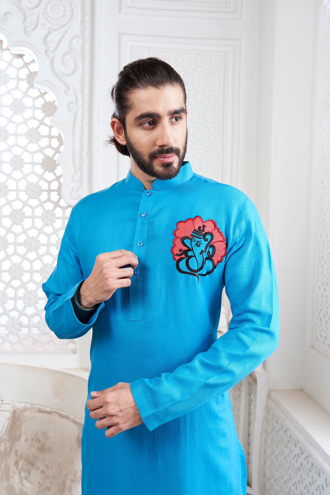 Proud Light Blue Ganesha Embroidery Kurta