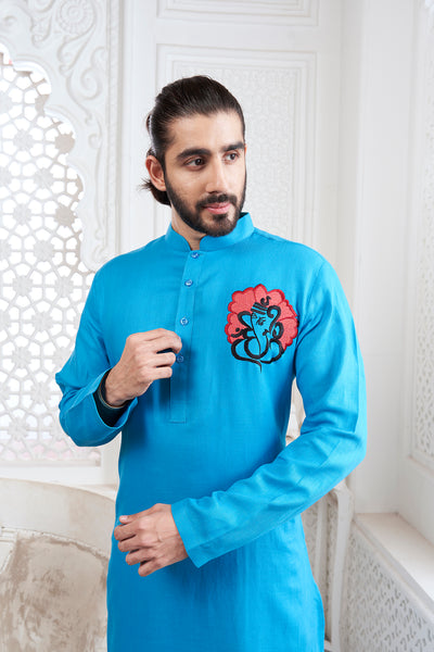 Proud Light Blue Ganesha Embroidery Kurta