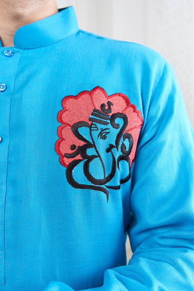 Proud Light Blue Ganesha Embroidery Kurta