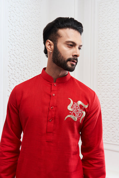 Red Ganesha Embroidery Kurta