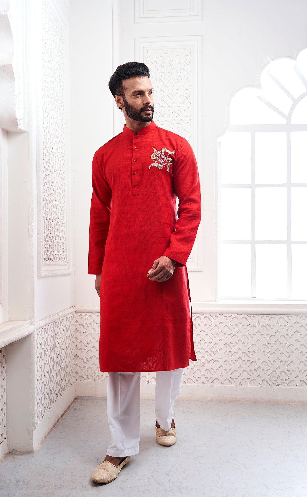 Red Ganesha Embroidery Kurta