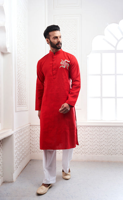 Red Ganesha Embroidery Kurta