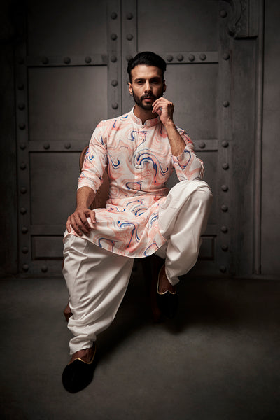 White and Peach Abstract Printed Kurta