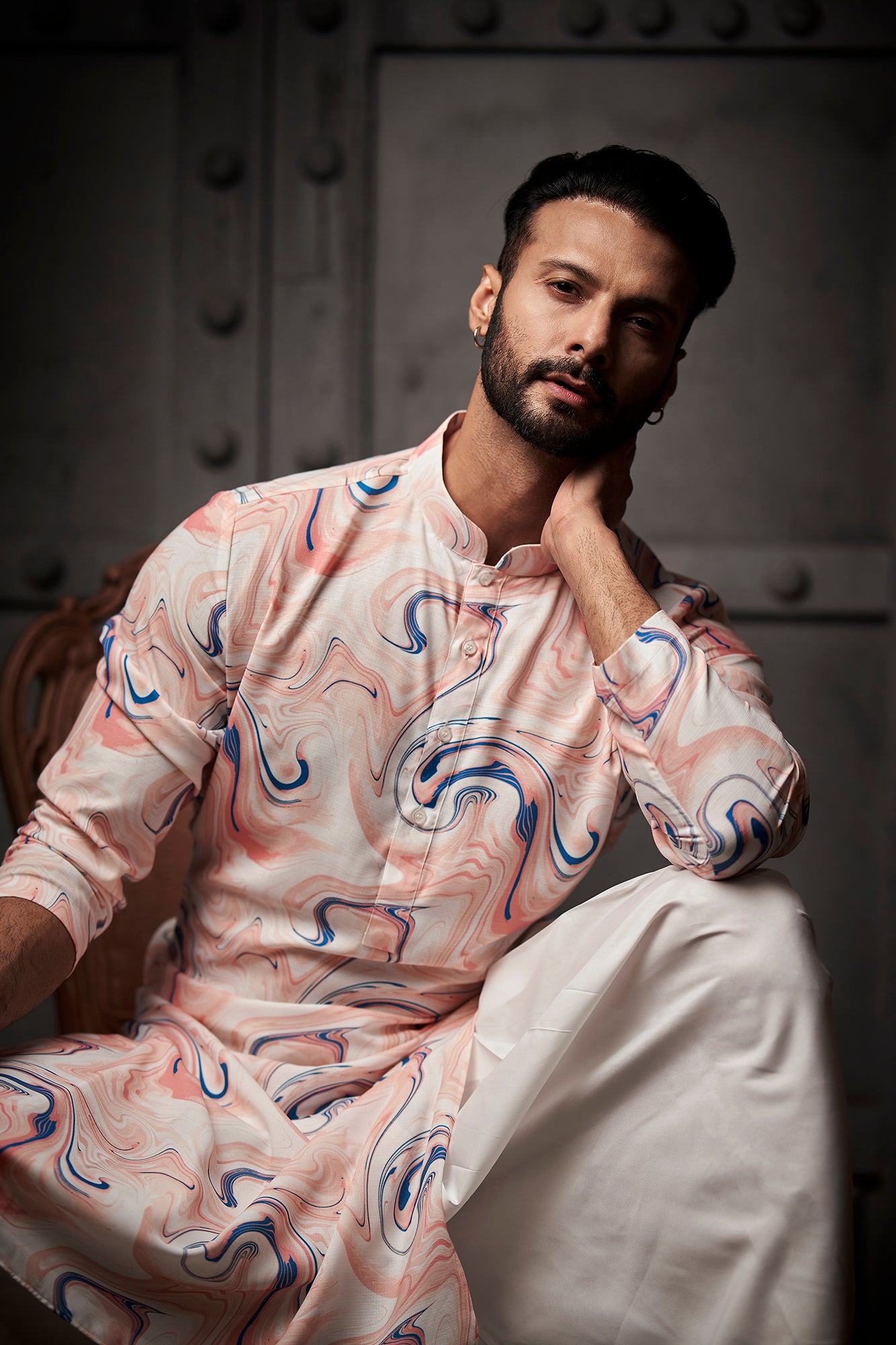 White and Peach Abstract Printed Kurta