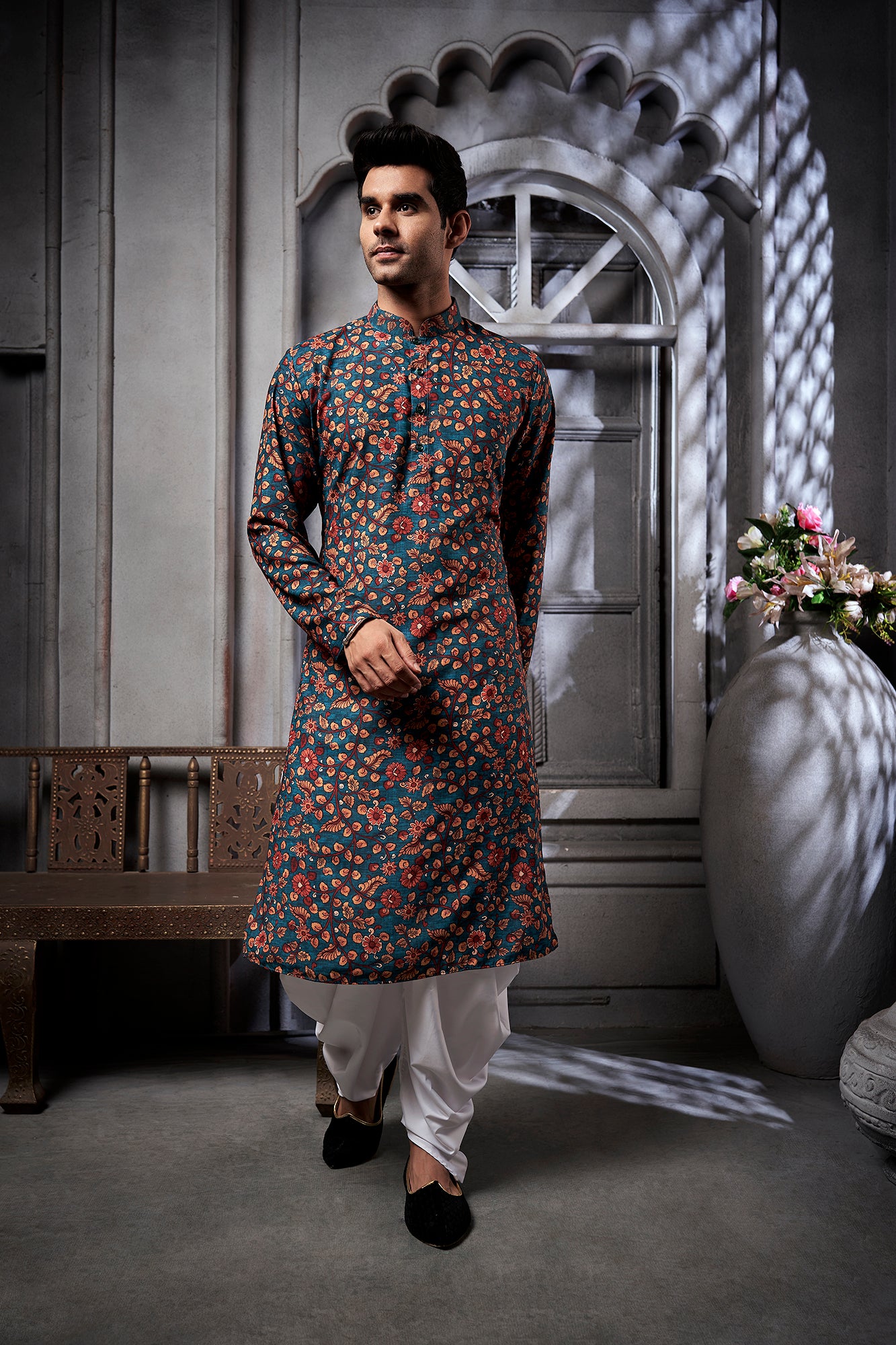 Dark Green Floral Printed Kurta