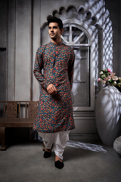 Dark Green Floral Printed Kurta