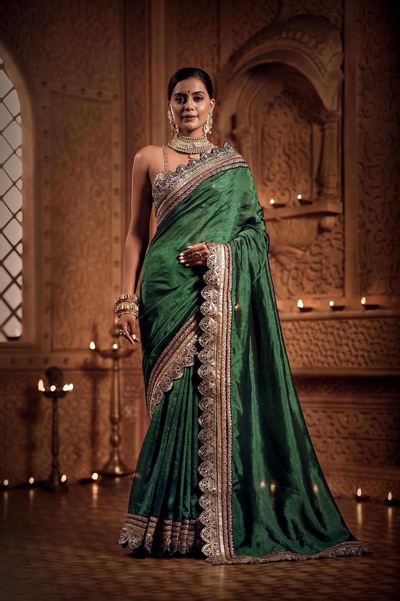 Vintage Green and Gold Zari Saree