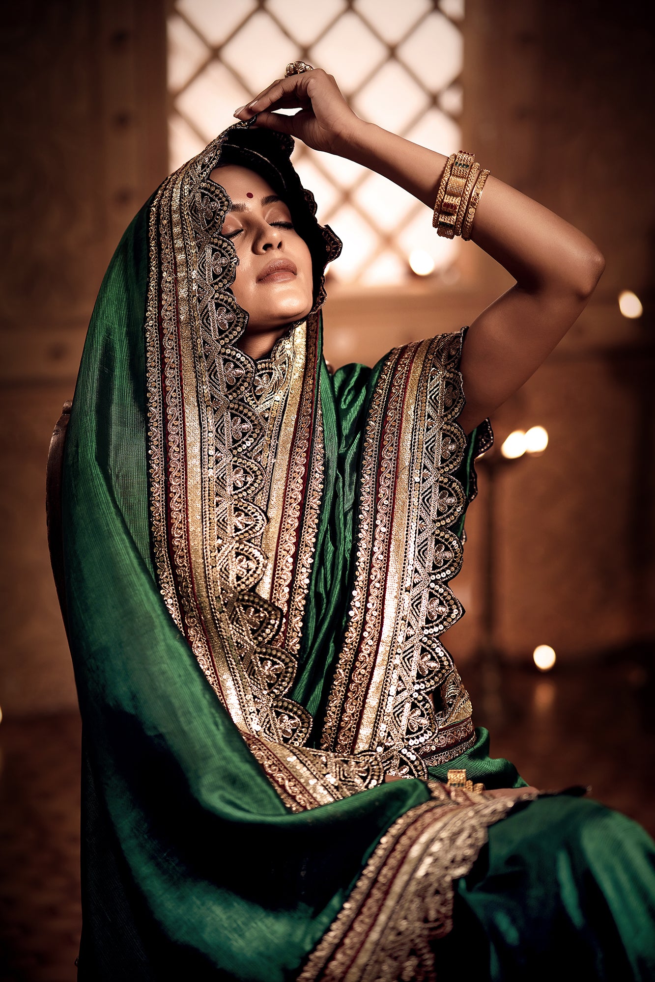 Vintage Green and Gold Zari Saree