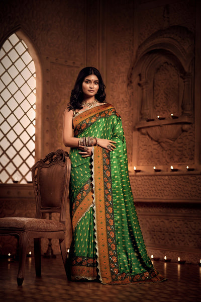 Green and Orange Floral Zari Saree