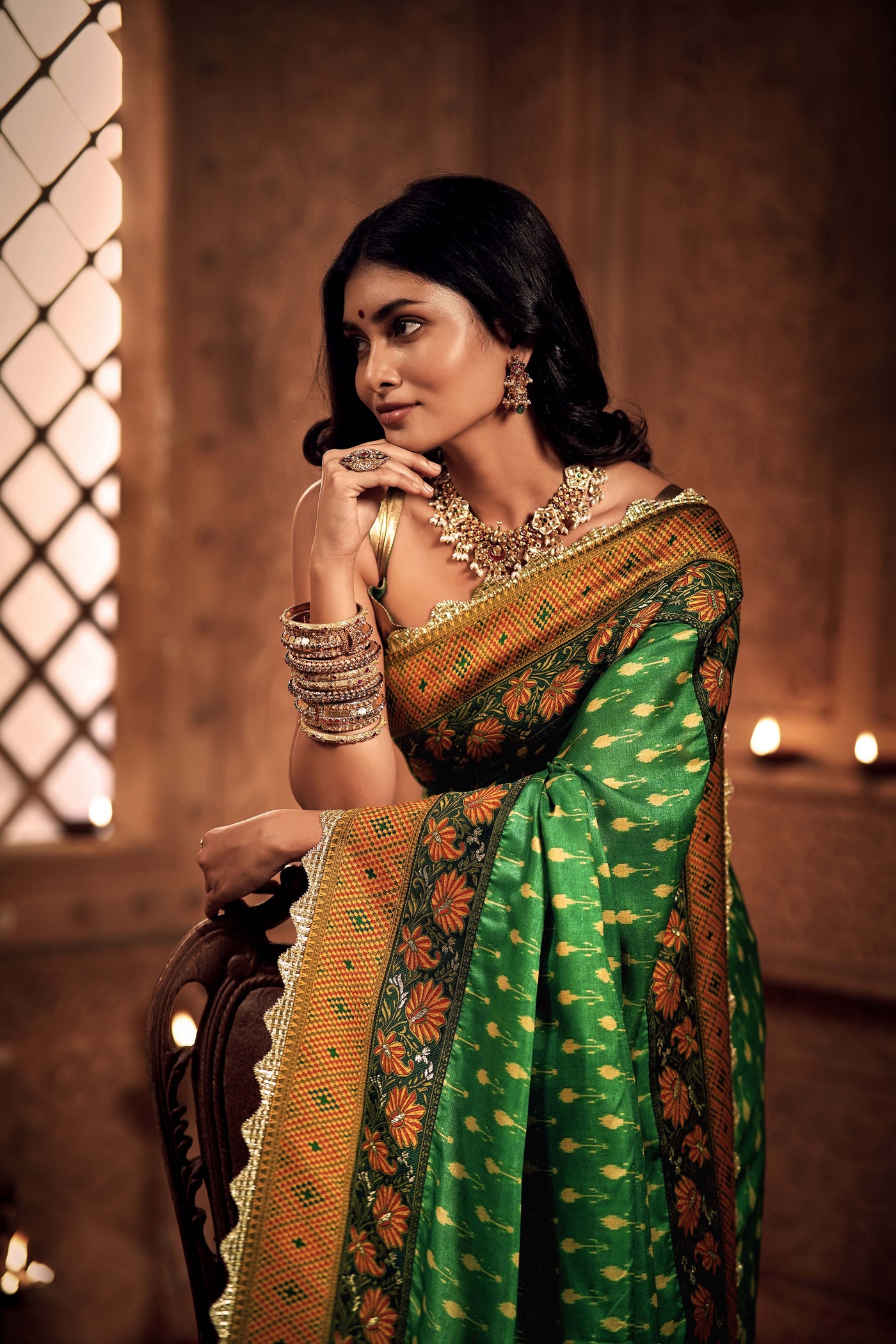 Green and Orange Floral Zari Saree