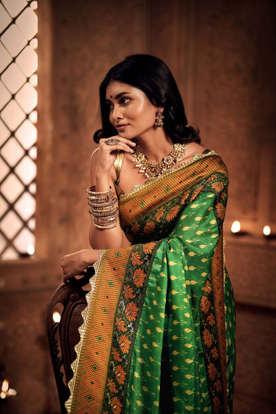 Green and Orange Floral Zari Saree