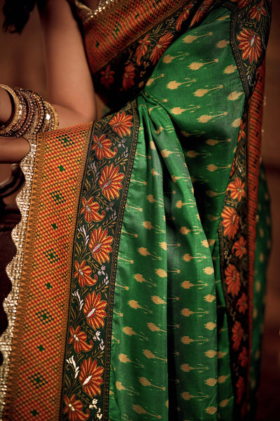 Green and Orange Floral Zari Saree