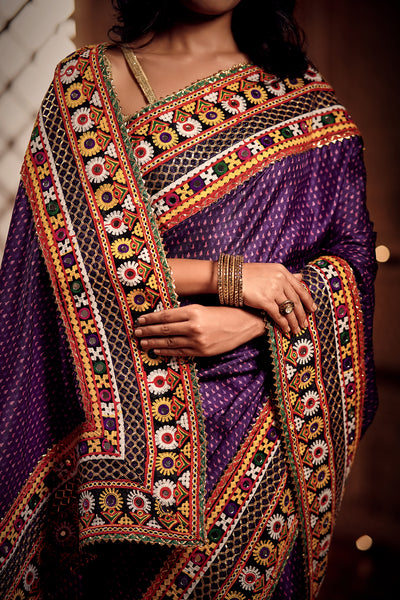 Purple Zari Embroidery Saree