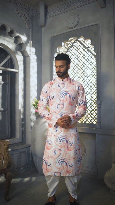 White and Peach Abstract Printed Kurta