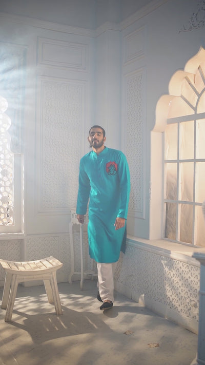 Proud Light Blue Ganesha Embroidery Kurta
