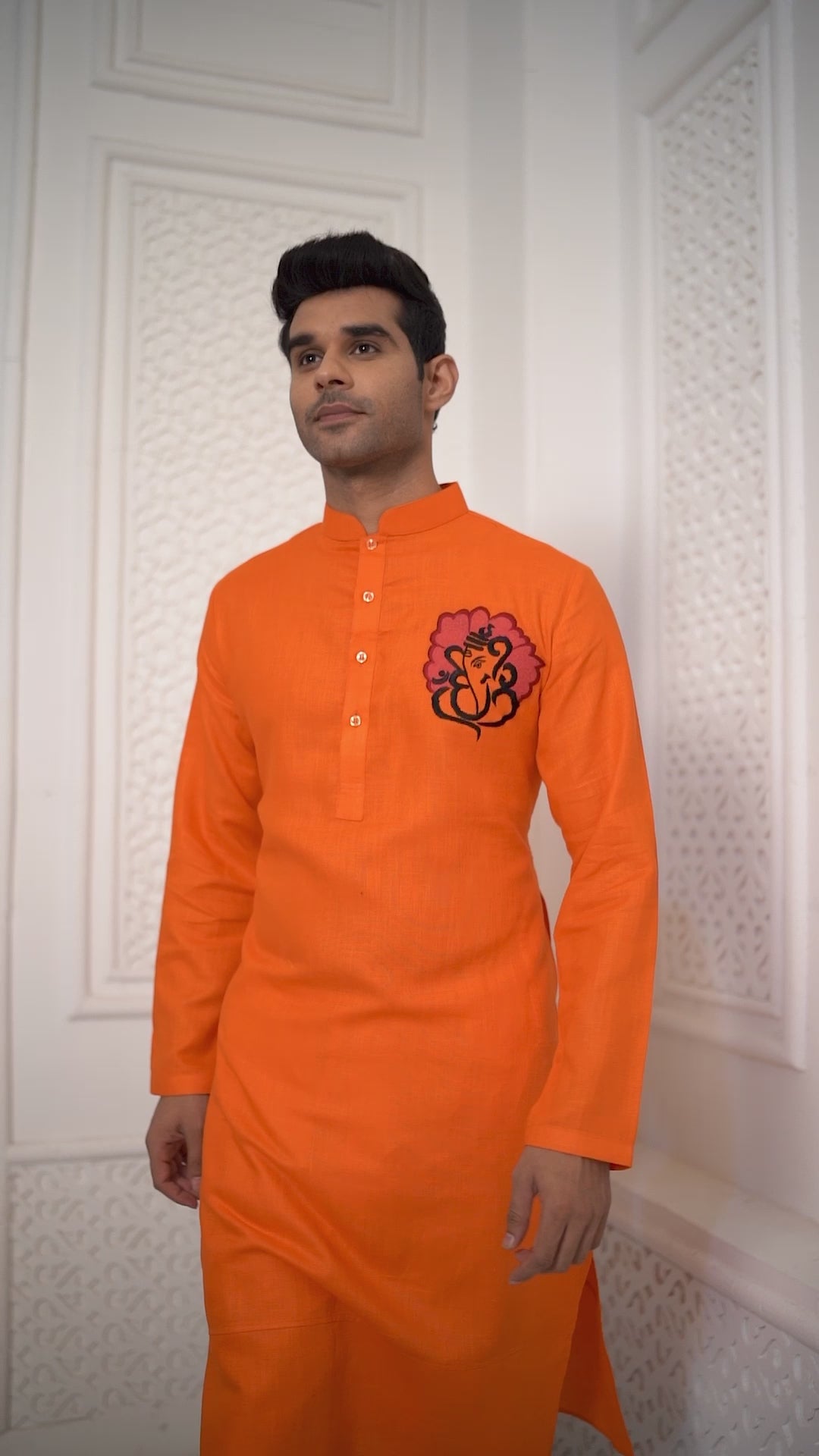 Proud Orange Ganesha Embroidery Kurta