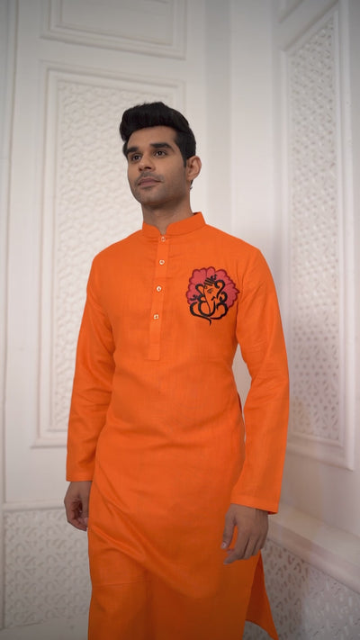 Proud Orange Ganesha Embroidery Kurta