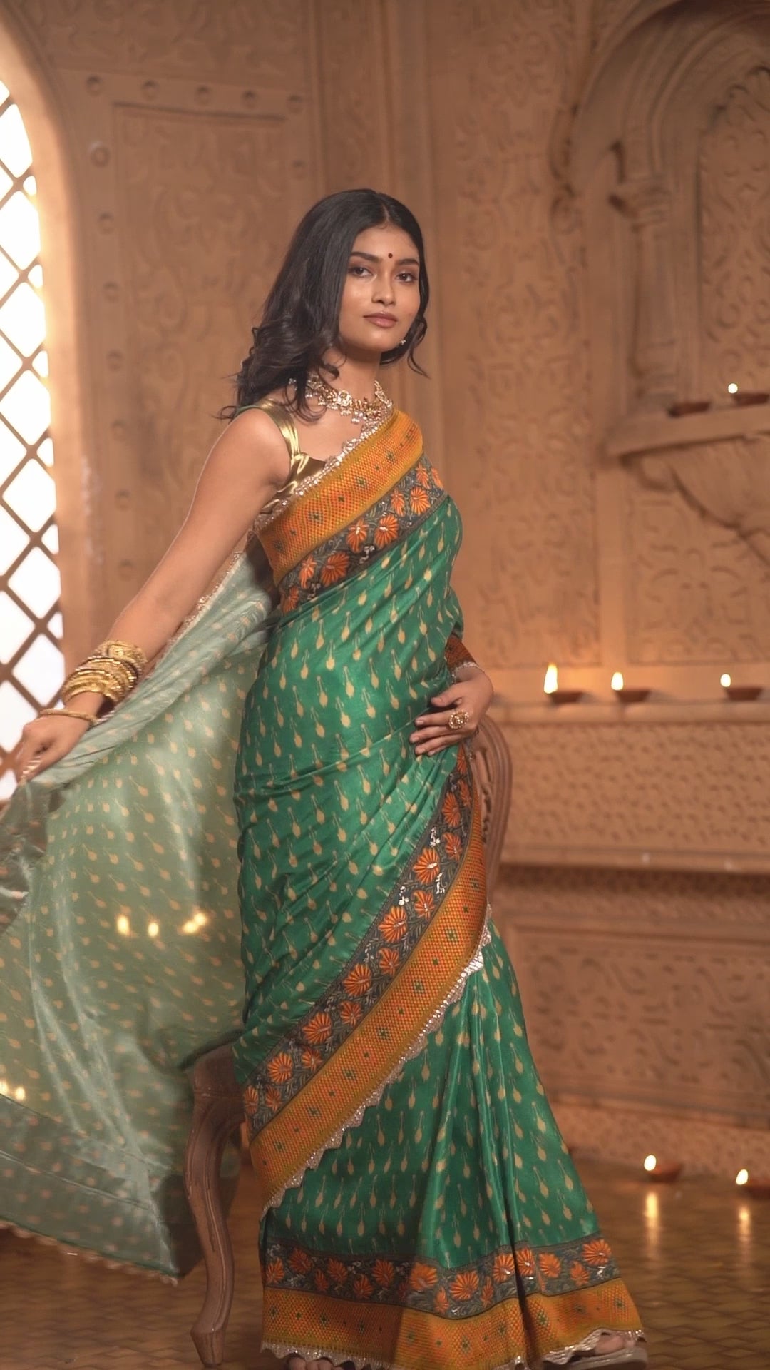 Green and Orange Floral Zari Saree