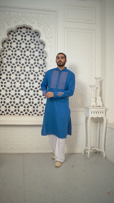 Dark Blue Scripture Embroidery Kurta