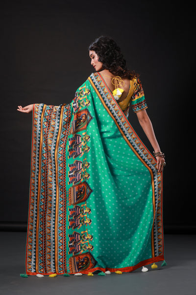 Turquoise Madhubani Saree