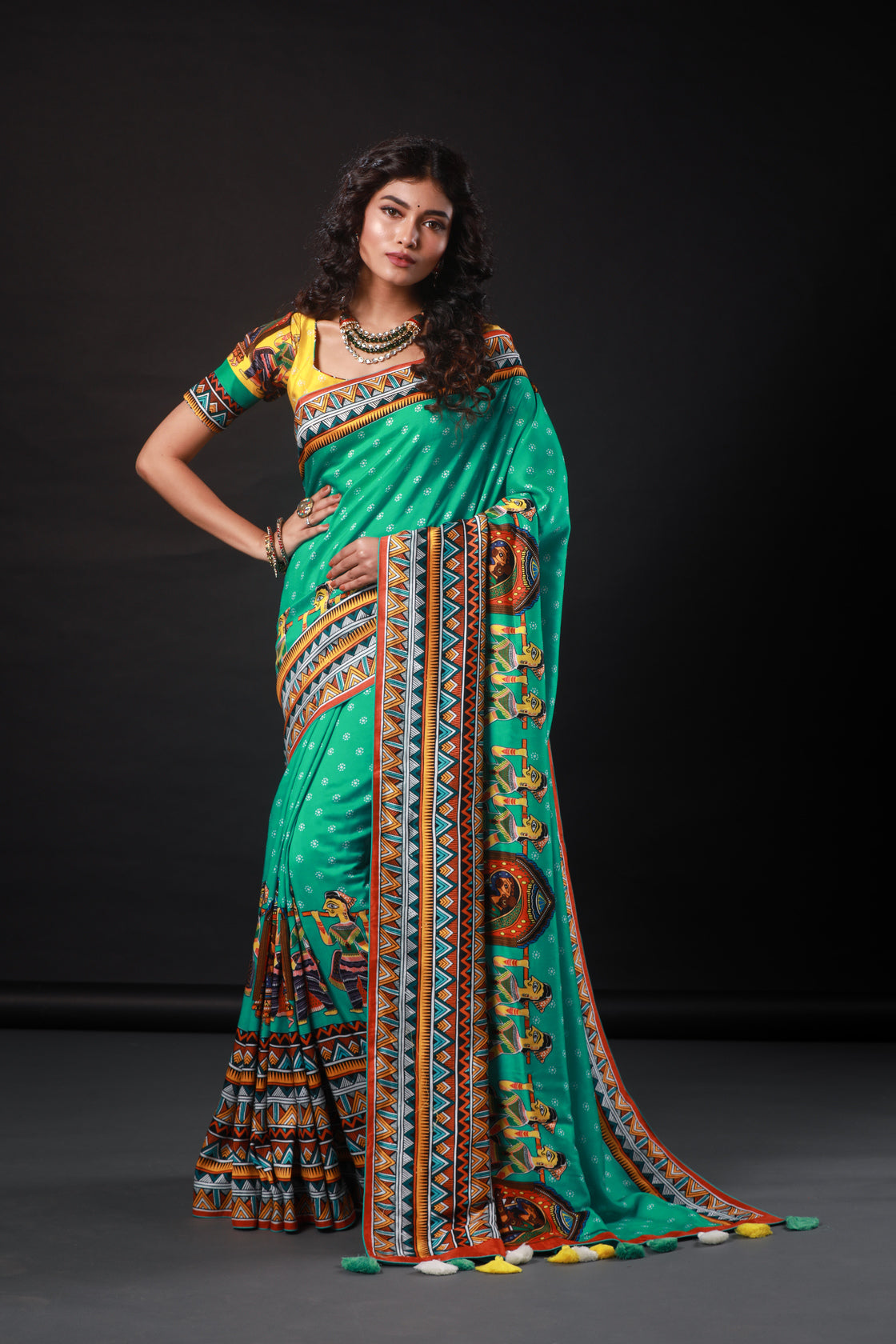 Turquoise Madhubani Saree