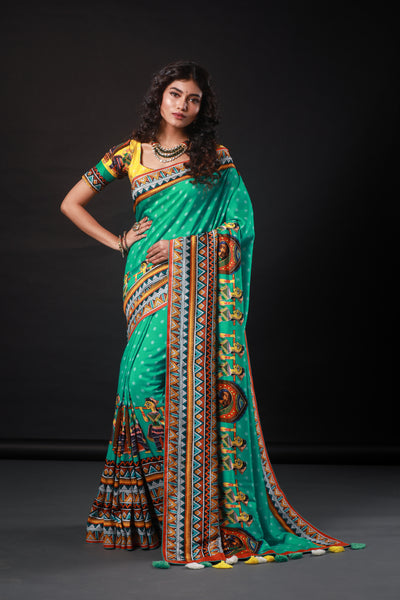 Turquoise Madhubani Saree