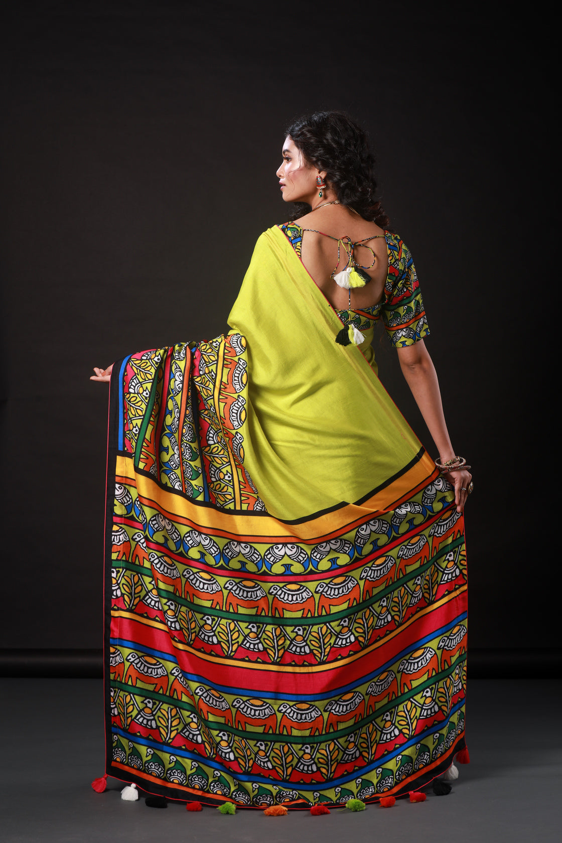 Yellow Animal Madhubani Saree