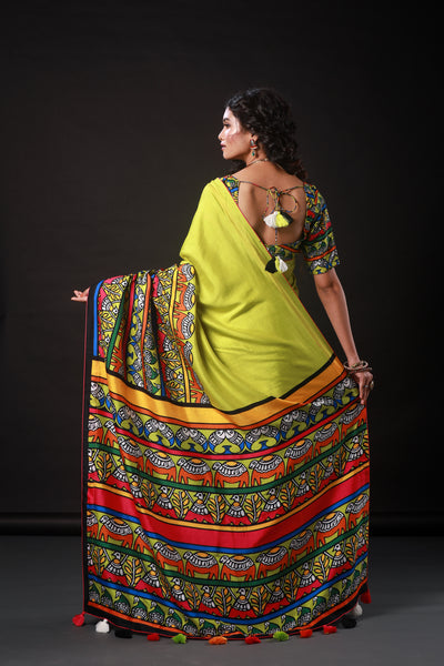 Yellow Animal Madhubani Saree