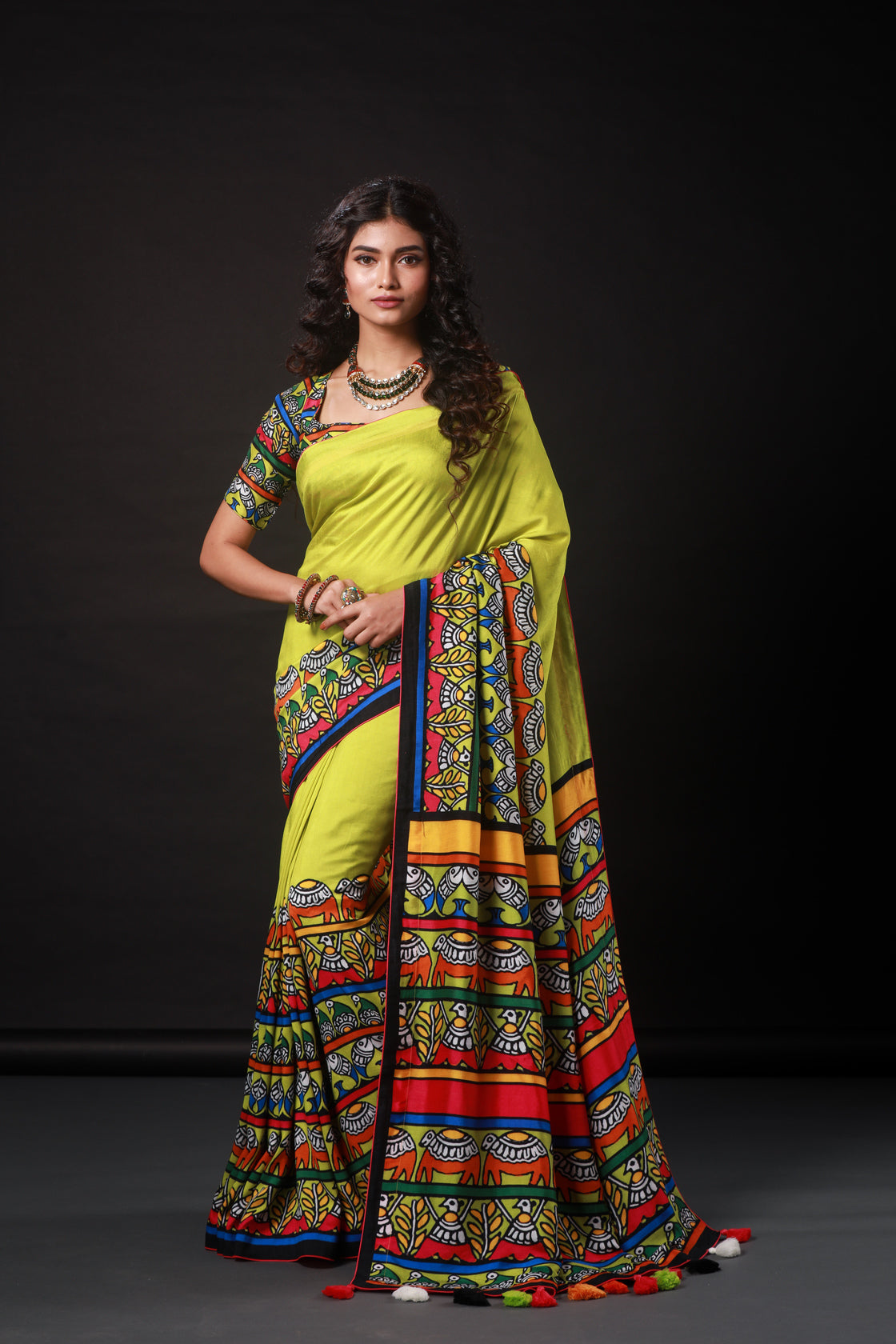 Yellow Animal Madhubani Saree
