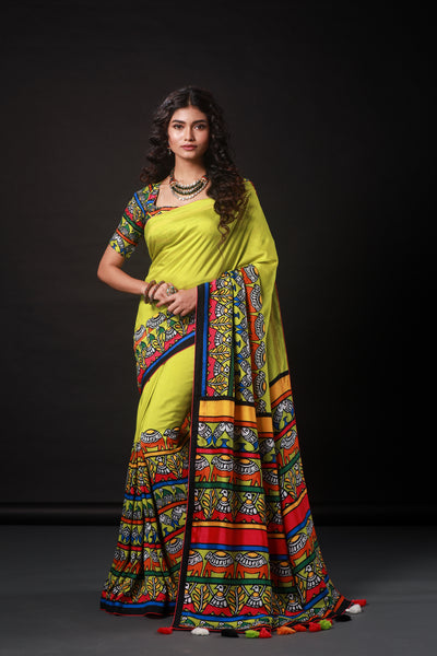 Yellow Animal Madhubani Saree